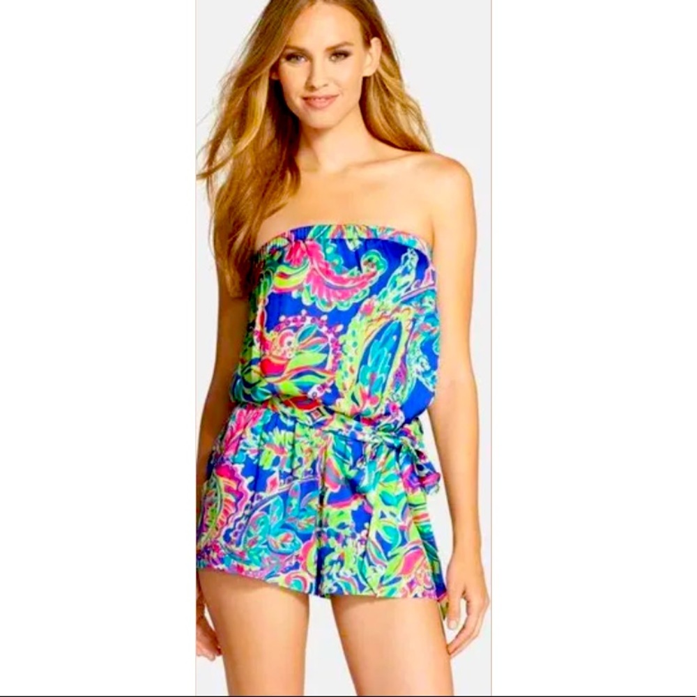 Lilly Pulitzer Bright Blue Multi Strapless Paisley Romper